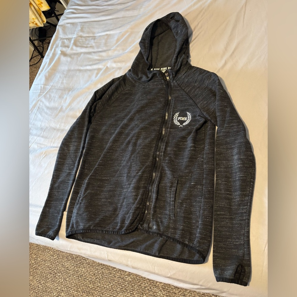 Victoria’s Secret VS PINK Black Heathered Print Side Zip Hoodie Size XS